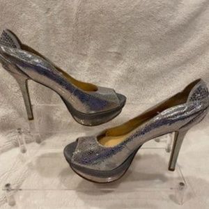 Gianni Bini Shiny Silver Embellished Platform High Stiletto Heels Size 7.5 VGC